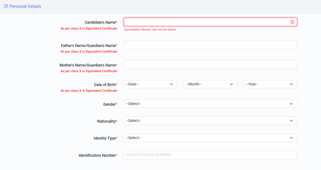CUET personal details form