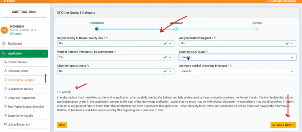 CUET enter quota and category