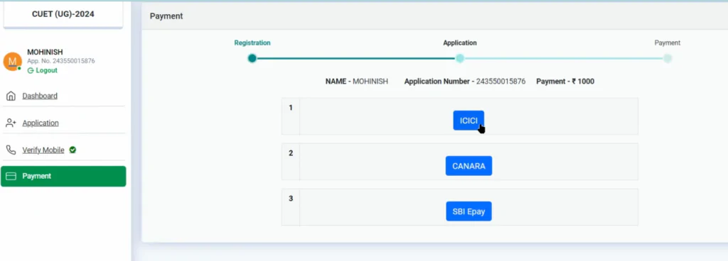 CUET payment screen